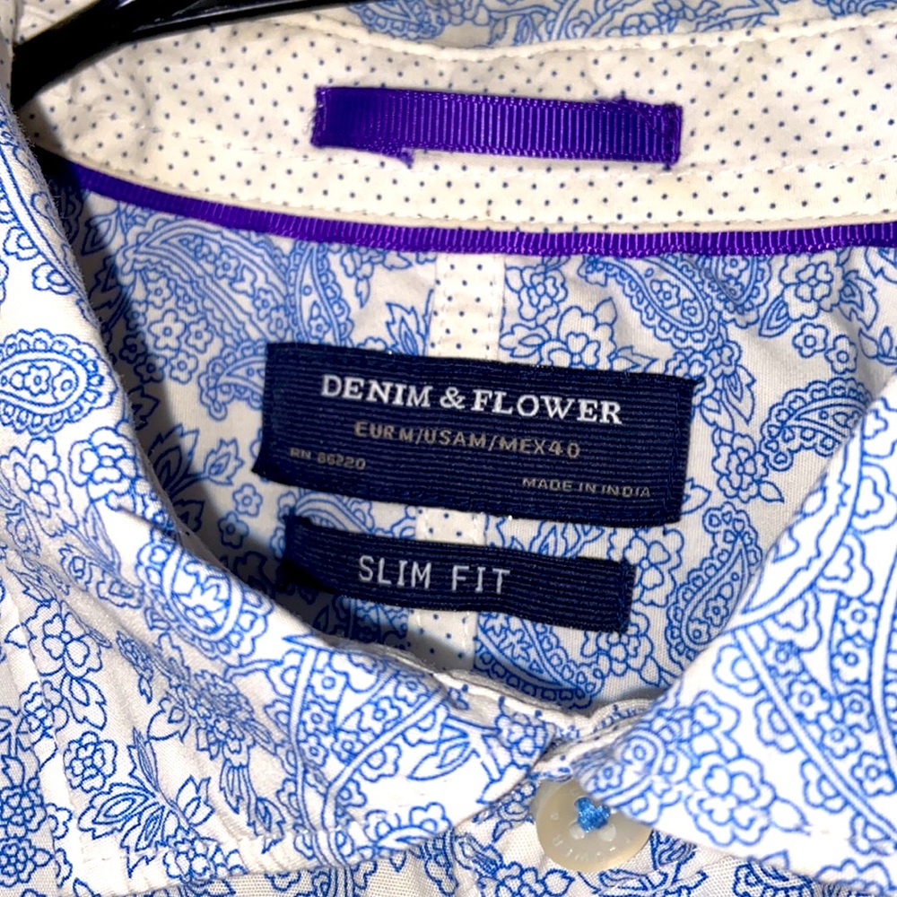 Denim & Flower Paisley Button Up Blue White Slim